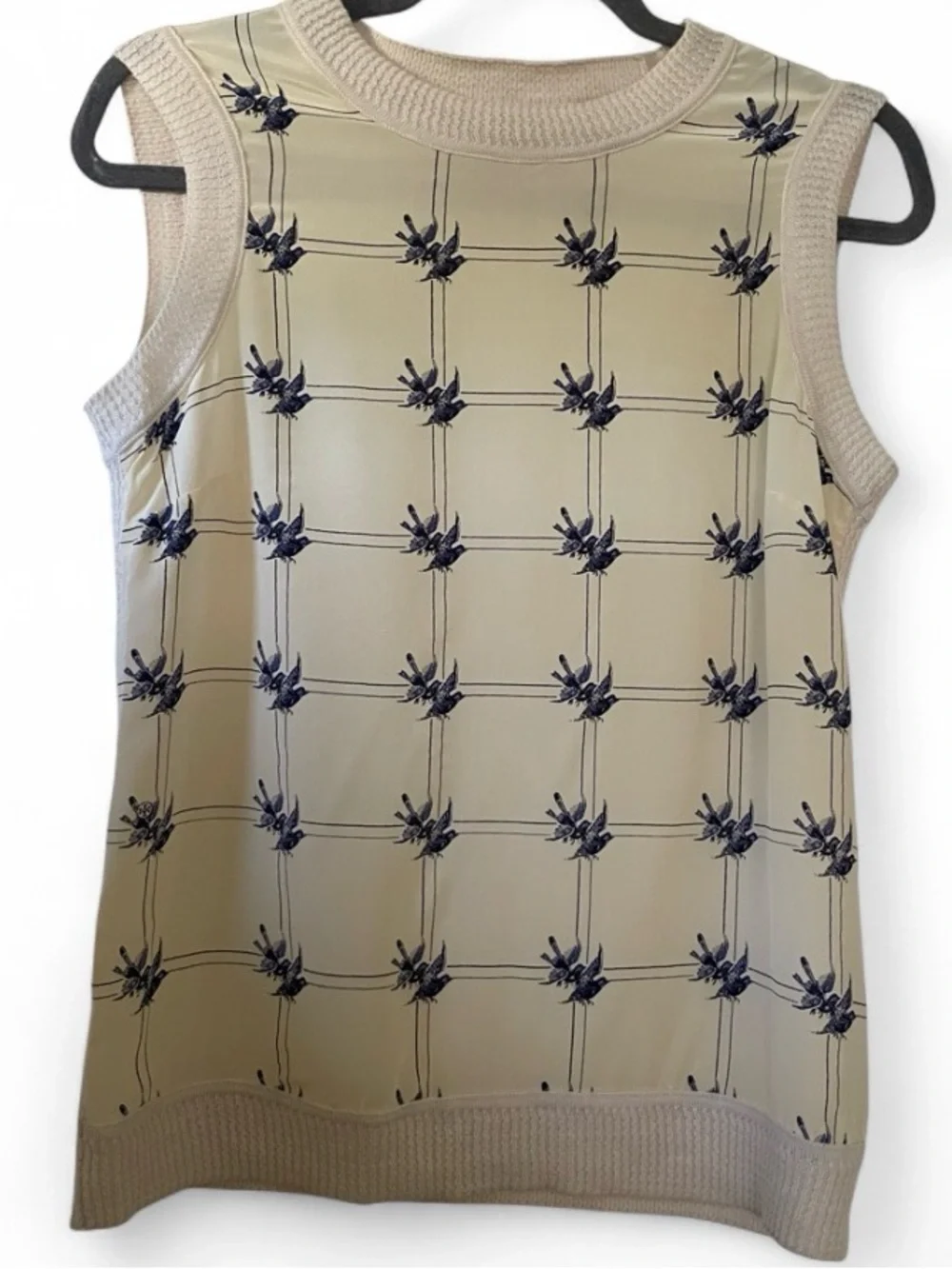 Tory Burch Vanilla Cream Sparrow Knit and Silk Sleeveless Top Womens Size Small